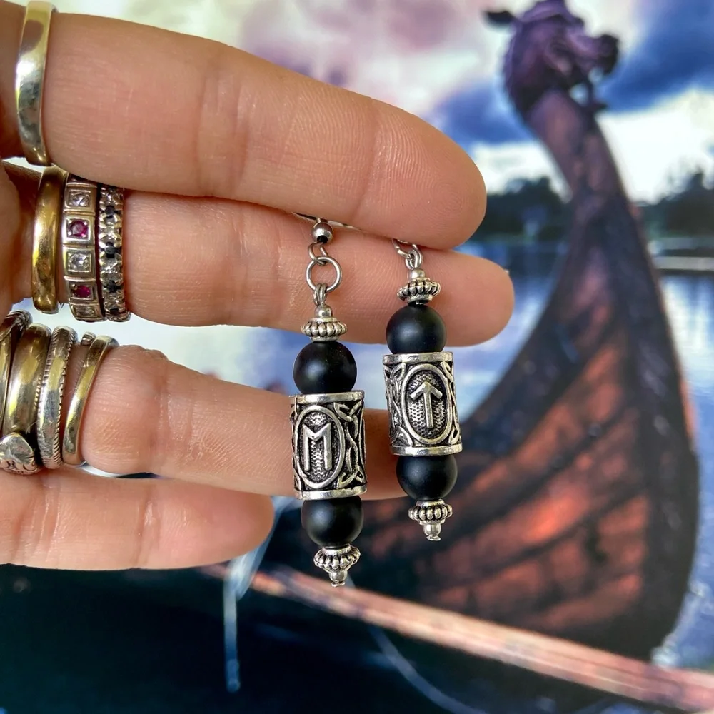 Matte Black onyx viking celtic runes dangly stainless steel post hooks earrings - Picture 6 of 9